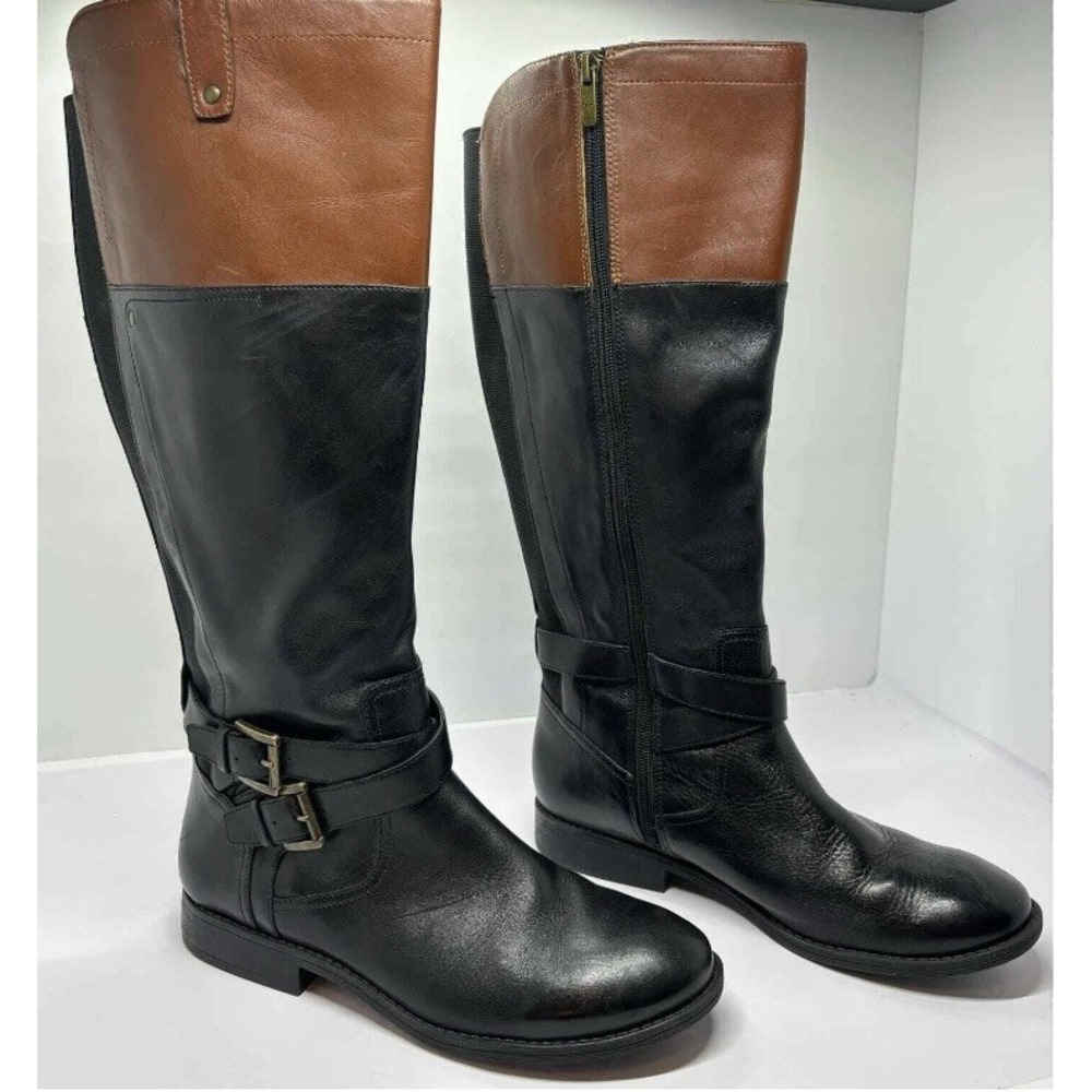 Marc Fisher Audrey Black Cognac Leather Riding Boots 9.5 W Side Zip Buckle